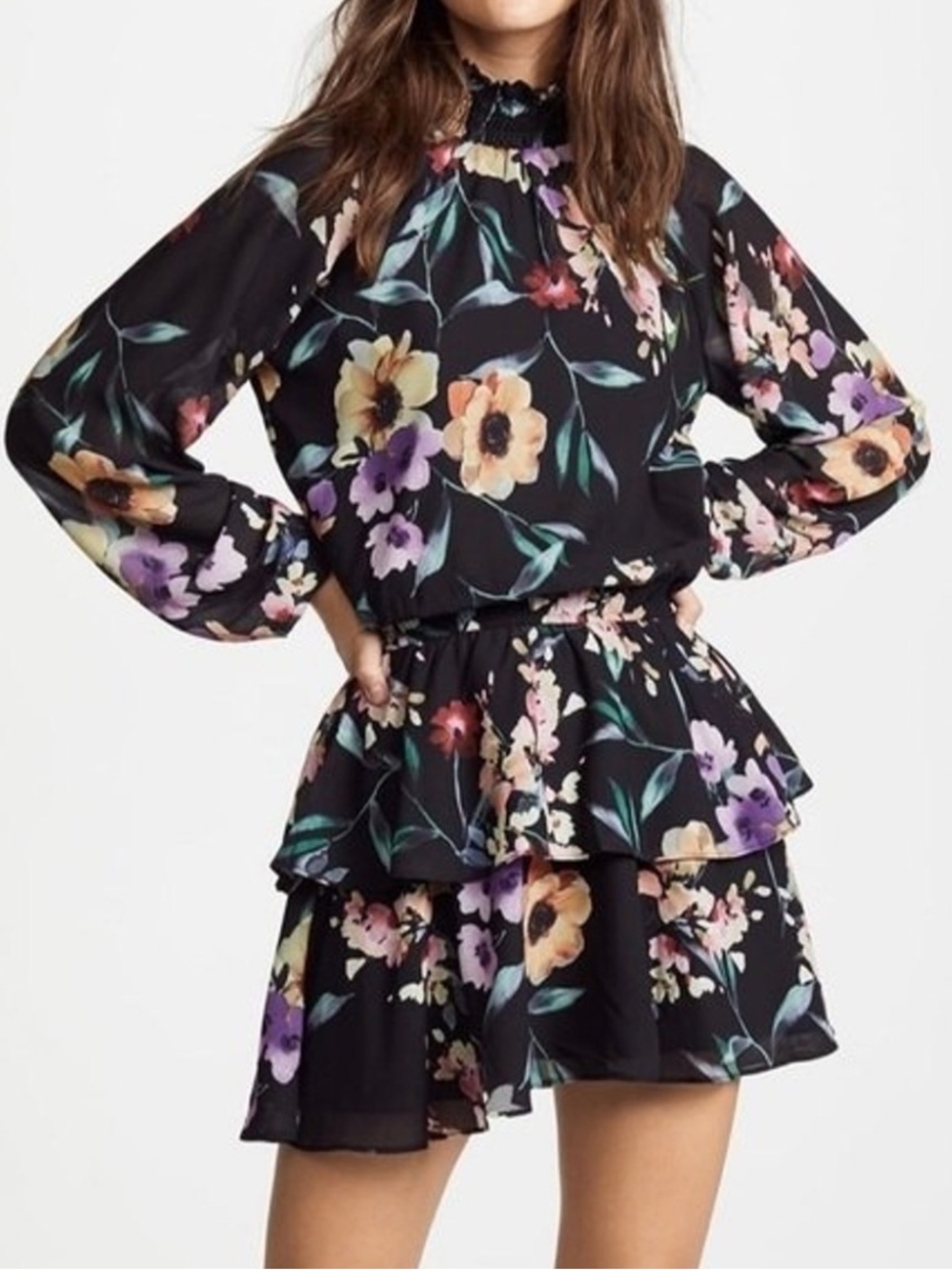 Yumi Kim Black Floral Class Act Lake Side Tiered Long-Sleeve Mini Dress XS